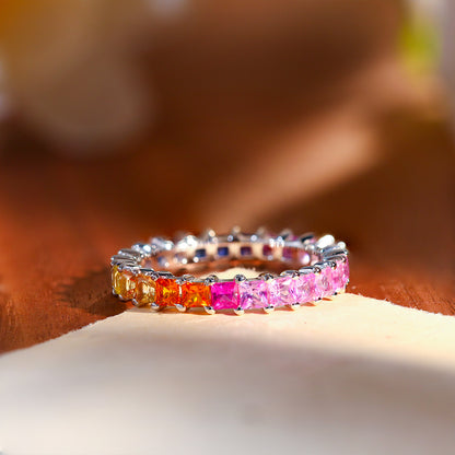Rainbow Eternity Ring, Princess Cut Full Circle Band, 925 Sterling Silver 18K Gold Plated