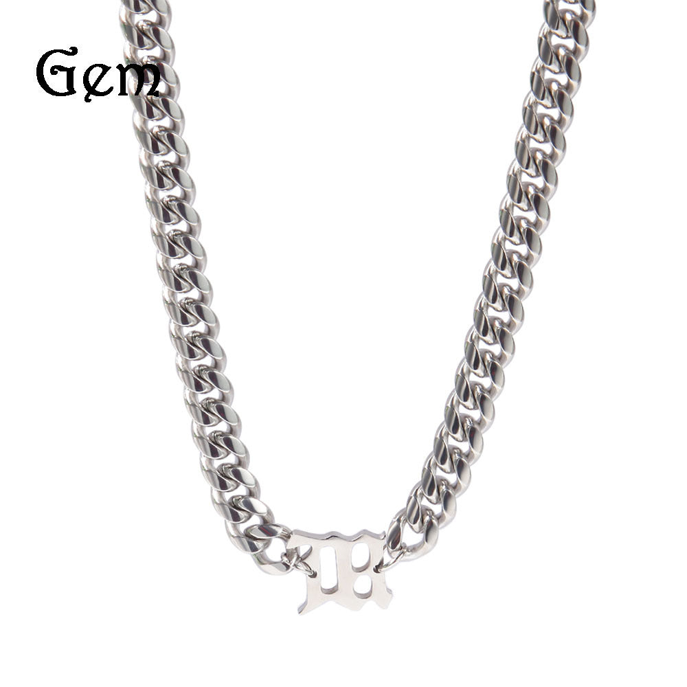 Unisex Stainless Steel Cuban Chain Necklace with Polished Letter Pendant - Hip Hop Statement Chain