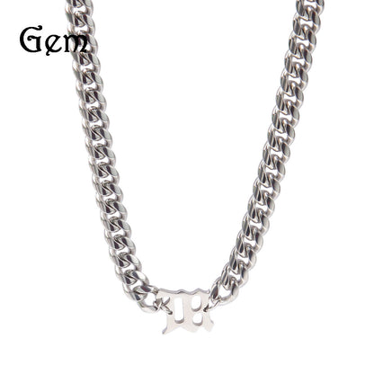 Unisex Stainless Steel Cuban Chain Necklace with Polished Letter Pendant - Hip Hop Statement Chain