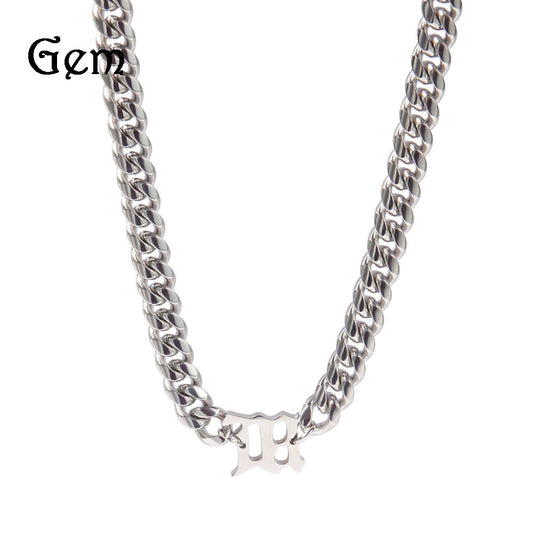 Unisex Stainless Steel Cuban Chain Necklace with Polished Letter Pendant - Hip Hop Statement Chain