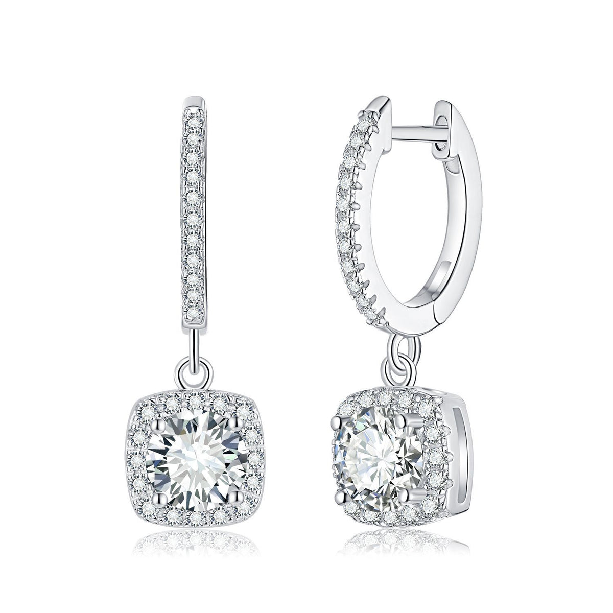 Moissanite Square Halo Drop Earrings for Women, Pavé Huggie Hoop Dangle Style product image