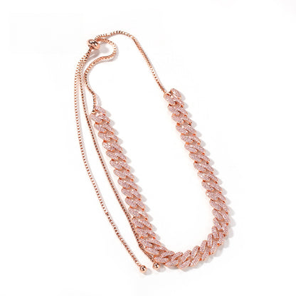 Unisex Cuban Link Cubic Zirconia Necklace Adjustable Chain in Gold, Silver & Rose Gold