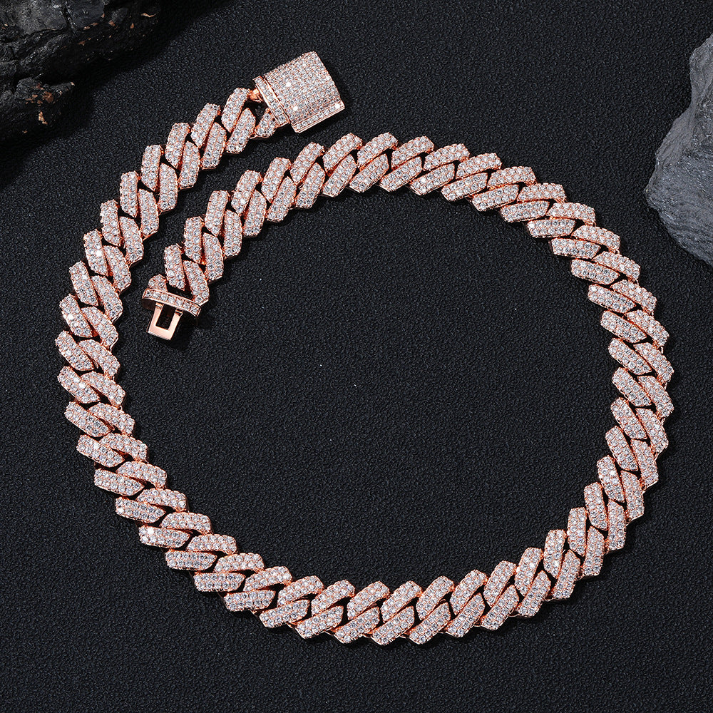 Iced Out Cuban Link Chain Necklace Bracelet in Rose Gold Tone, 14mm Hip Hop Statement Jewelry product image