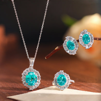 Paraiba-Style Teal Oval 925 Silver Necklace Ring Earrings Set