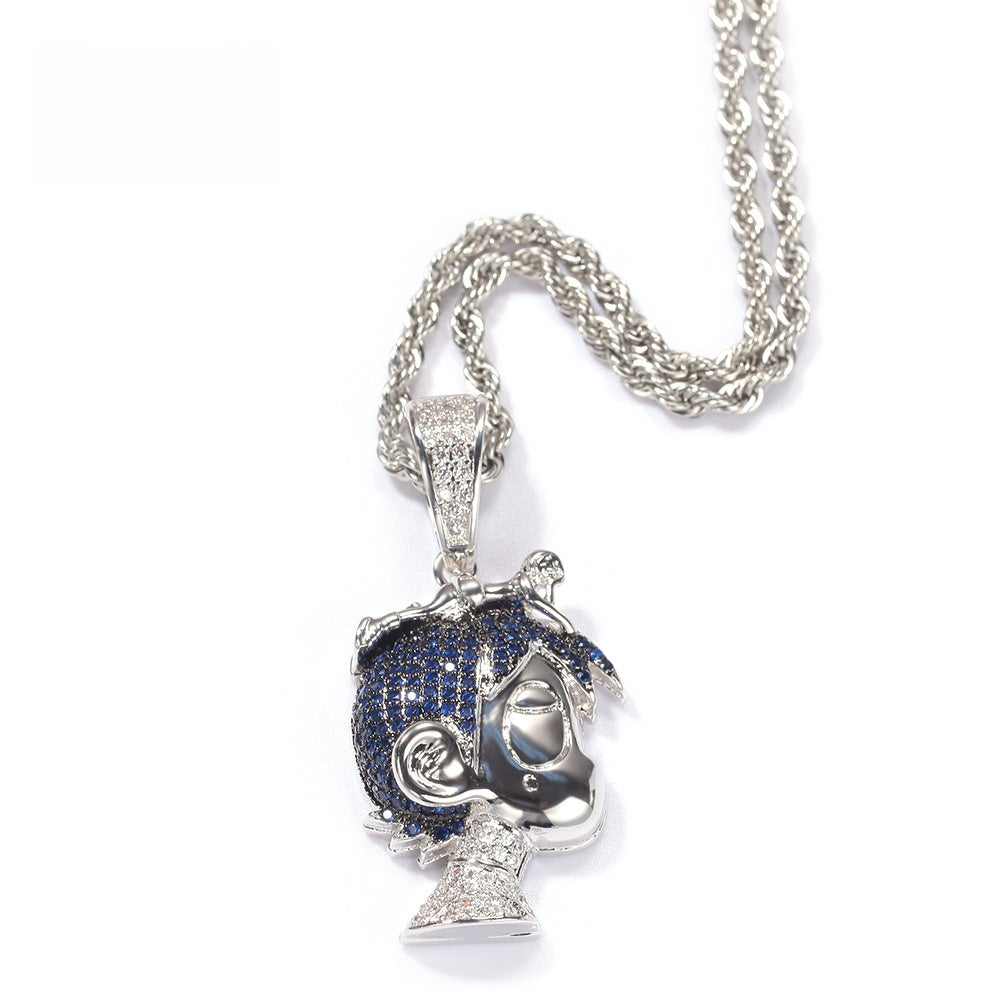 Iced Cartoon Head Pendant Necklace with Cuban or Rope Chain for Women & Men, Gold or Silver Tone Cubic Zirconia Statement Chain
