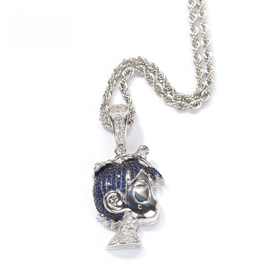 Iced Cartoon Head Pendant Necklace with Cuban or Rope Chain for Women & Men, Gold or Silver Tone Cubic Zirconia Statement Chain