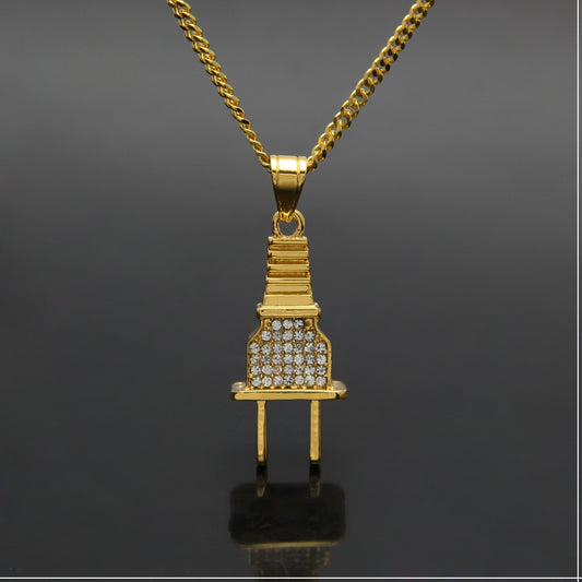 Iced Plug Pendant Necklace with 3mm Cuban Chain for Women & Men