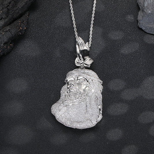 Men's Hip Hop Jesus Pendant Necklace with Praying Hands and Zircon Detail
