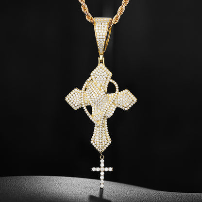 Iced Out Moissanite Cross Pendant Necklace in 925 Silver with Rope Chain