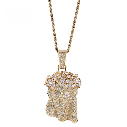 Iced Jesus Face Pendant Necklace for Men & Women – Cubic Zirconia Statement Hip Hop Chain in Gold or Silver Tone, 24 Inch Twisted Stainless Steel Necklace