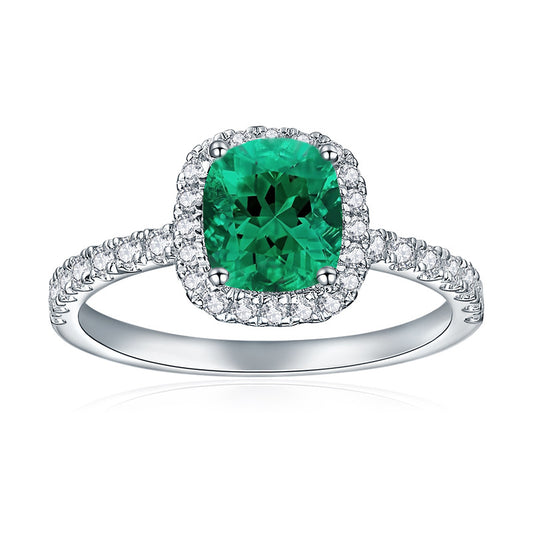 S925 Sterling Silver Lab-Grown Emerald Halo Ring, Cushion Cut product image