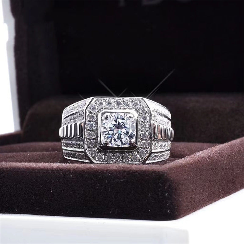 Men’s Moissanite Halo Ring in PT950 Platinum, U-Shape Wedding Engagement Ring product image