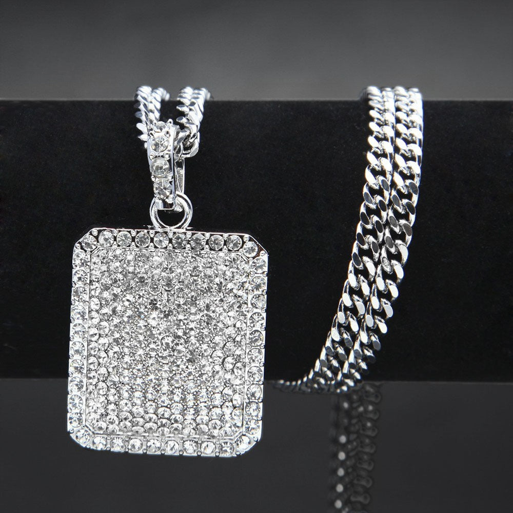 Iced Out Rectangle Pendant Necklace with Cuban Chain for Women and Men, Gold or Silver Crystal Statement Chain product image