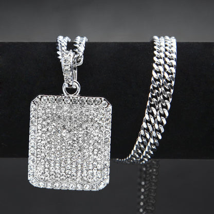Iced Out Rectangle Pendant Necklace with Cuban Chain for Women and Men, Gold or Silver Crystal Statement Chain