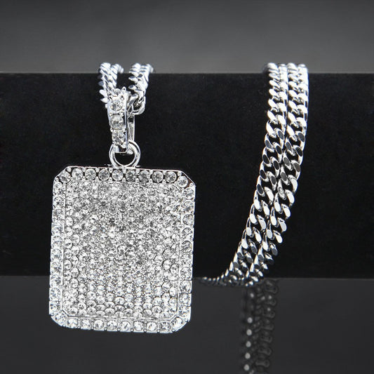 Iced Out Rectangle Pendant Necklace with Cuban Chain for Women and Men, Gold or Silver Crystal Statement Chain