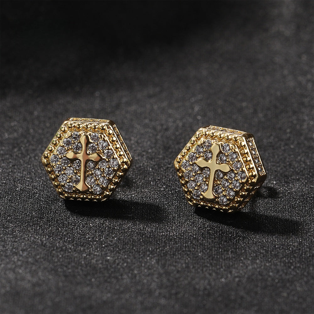 Unisex Cross Stud Earrings with Cubic Zirconia - Gold & Silver Tone Hip Hop Statement Earrings product image