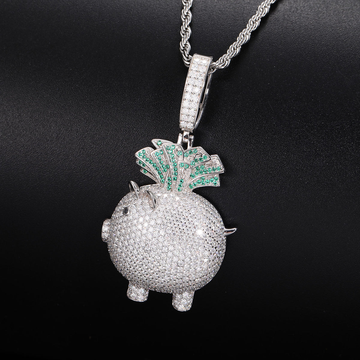 925 Silver Moissanite Iced Out Pig Money Pendant Necklace product image