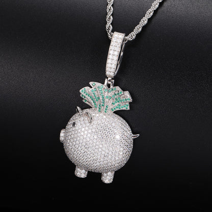 925 Silver Moissanite Iced Out Pig Money Pendant Necklace