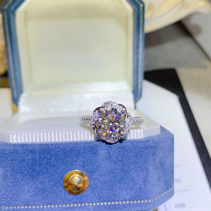 AU750 White Gold Moissanite Flower Halo Ring for Women, 1 Carat or 2 Carat, U Shape Geometric Band, Sizes 9-19 product image