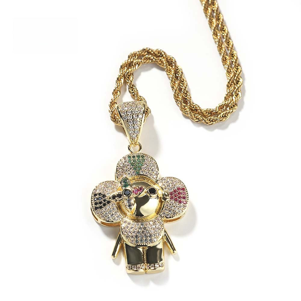 Hip Hop Flower Character Pendant Necklace with Cubic Zirconia Rope Chain for Women