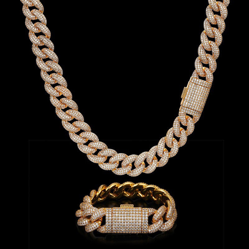 Iced Out Cuban Link Chain Necklace Bracelet Set for Women Men, Round Cubic Zirconia Geometric Hip Hop Jewelry product image