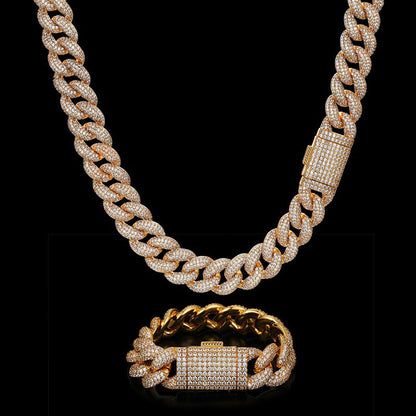 Iced Out Cuban Link Chain Necklace Bracelet Set for Women Men, Round Cubic Zirconia Geometric Hip Hop Jewelry