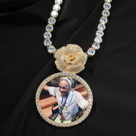 Hip Hop Rose Flower Photo Pendant Necklace with Cubic Zirconia Twist Chain for Women