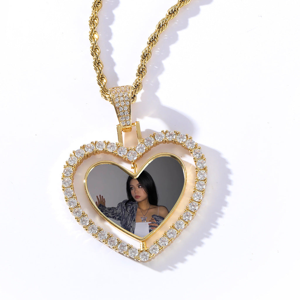 Hip Hop Heart Photo Frame Copper Necklace for Men and Women