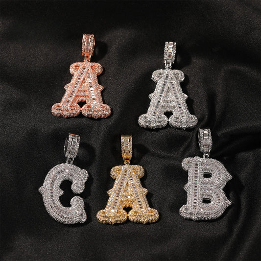 Iced Bubble Letter Pendant Necklace for Women & Men – Cubic Zirconia Initial Chain in Gold, Silver & Rose Gold, 24 Inch Twist Chain