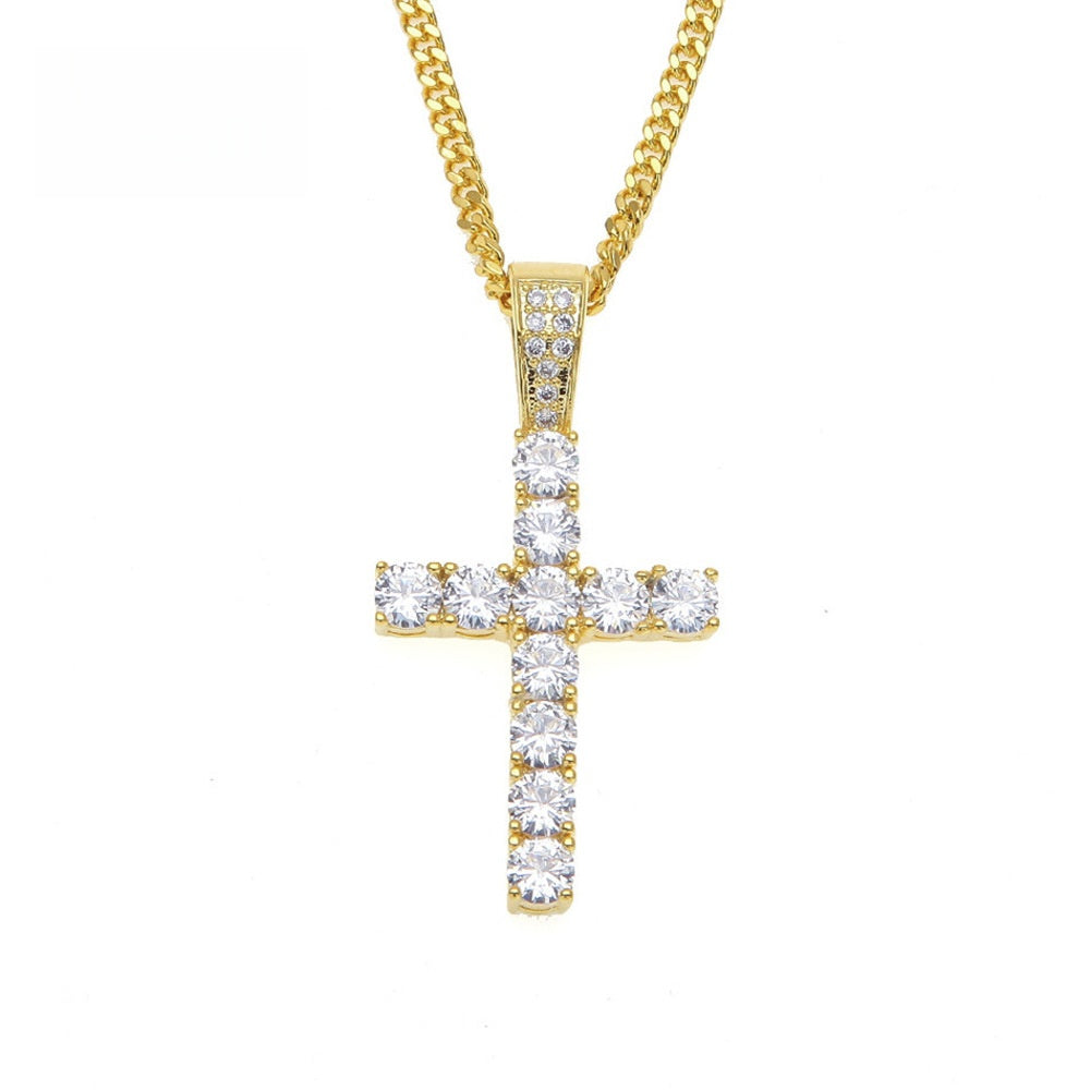 Iced Cross Pendant Necklace for Men & Women with Cubic Zirconia, Gold Plated or Silver Plated Stainless Steel Chain