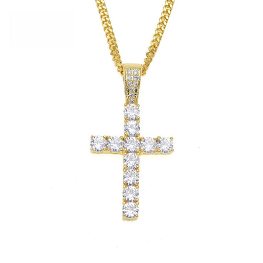 Iced Cross Pendant Necklace for Men & Women with Cubic Zirconia, Gold Plated or Silver Plated Stainless Steel Chain