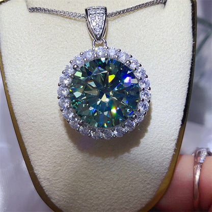 20 Carat Green Moissanite Halo Pendant Necklace for Women, Round Oversized Statement Necklace
