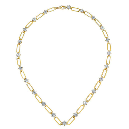 18K Gold Paperclip Link Moissanite Necklace, Round Stone Station Chain