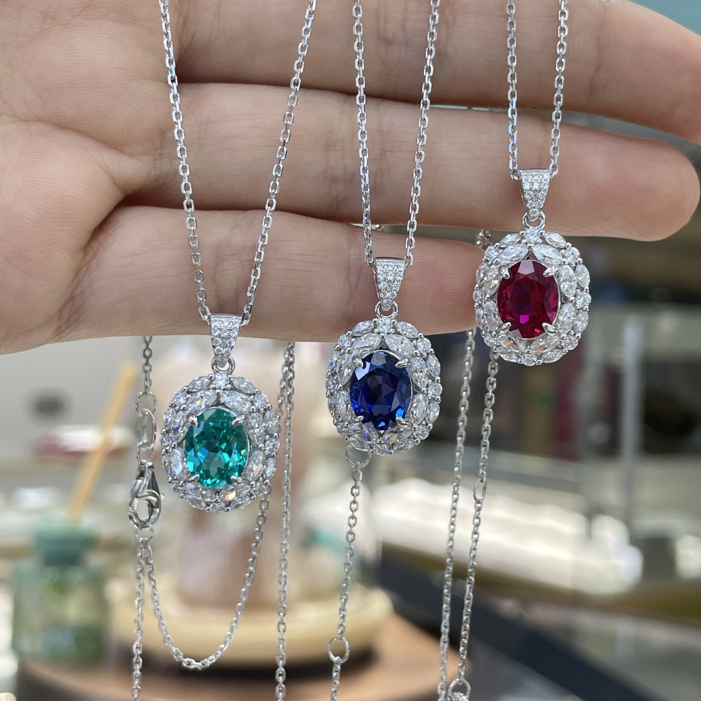 Oval Lab-Grown Colored Gemstone Halo Pendant Necklace for Women product image