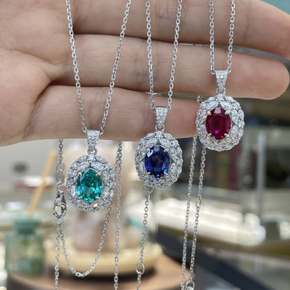 Oval Lab-Grown Colored Gemstone Halo Pendant Necklace for Women