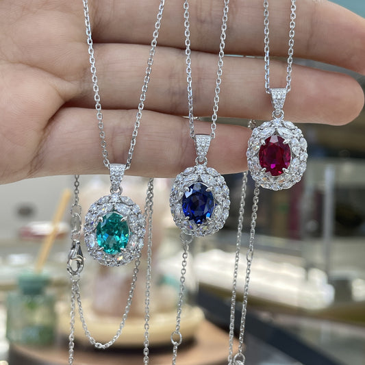 Oval Lab-Grown Colored Gemstone Halo Pendant Necklace for Women product image