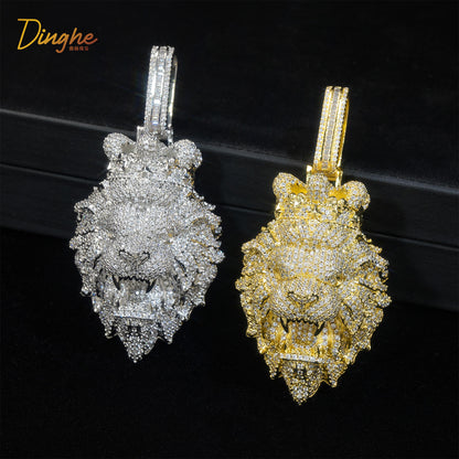 Lion Head Cubic Zirconia Pendant Necklace, Cuban Chain Streetwear Hip Hop Jewelry, 24 Inch Twisted Chain, White Tone / Yellow Tone