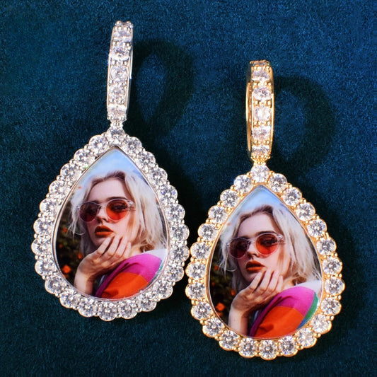 Unisex Iced Teardrop Photo Pendant Necklace