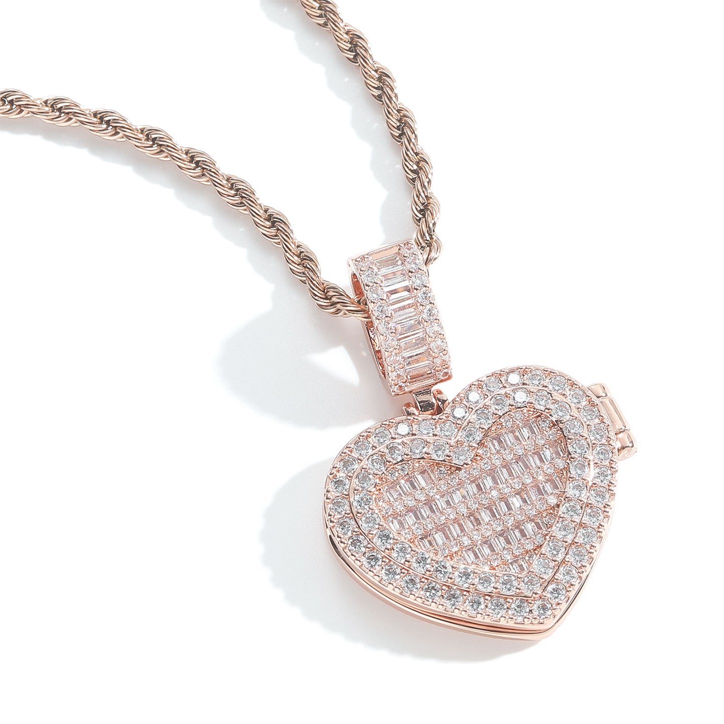 Square Round Photo Frame Cubic Zirconia Pendant Necklace for Men and Women