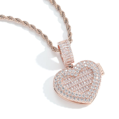 Square Round Photo Frame Cubic Zirconia Pendant Necklace for Men and Women