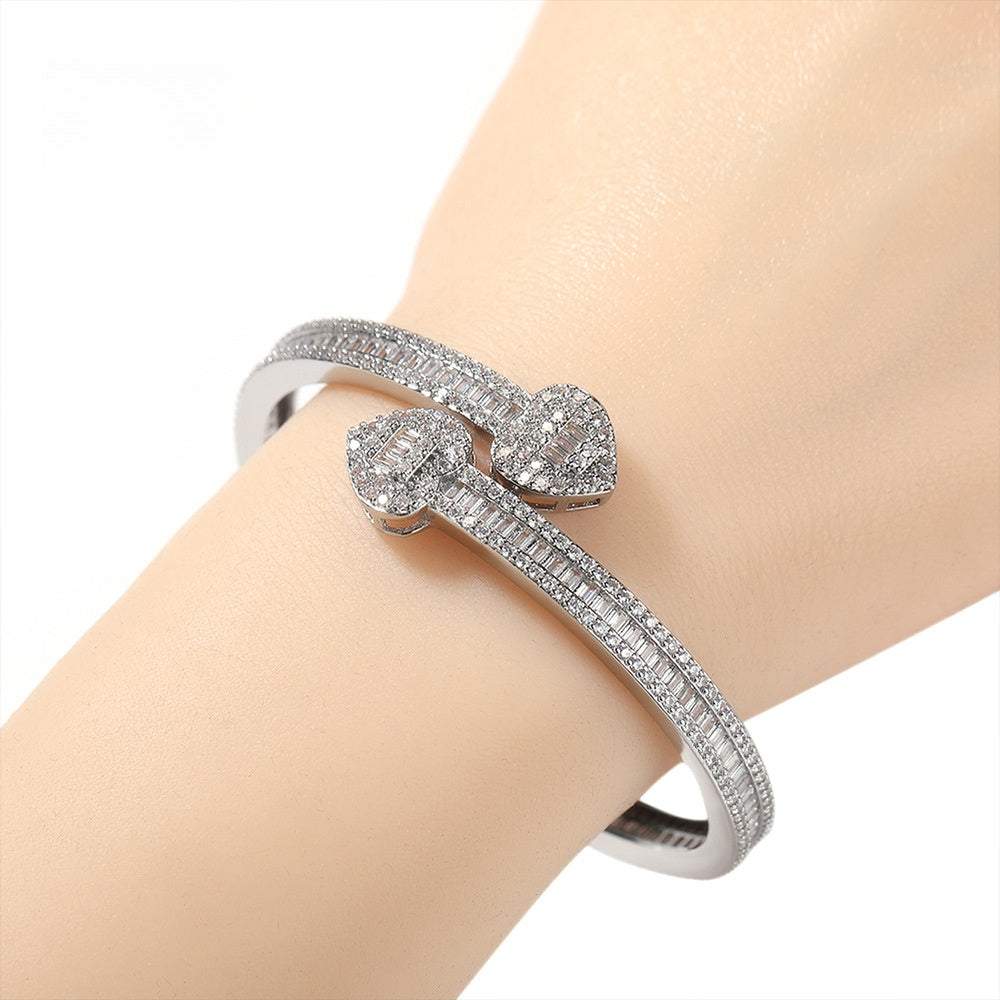 Heart Cubic Zirconia Cuff Bracelet for Women - Hip Hop Statement Bangle in Gold or Silver Tone