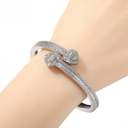Heart Cubic Zirconia Cuff Bracelet for Women - Hip Hop Statement Bangle in Gold or Silver Tone