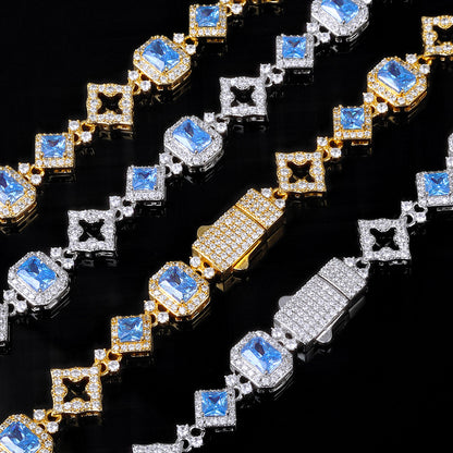 11 mm Blue CZ Geometric Halo Link Hip Hop Necklace or Bracelet with Copper Base - CHA425