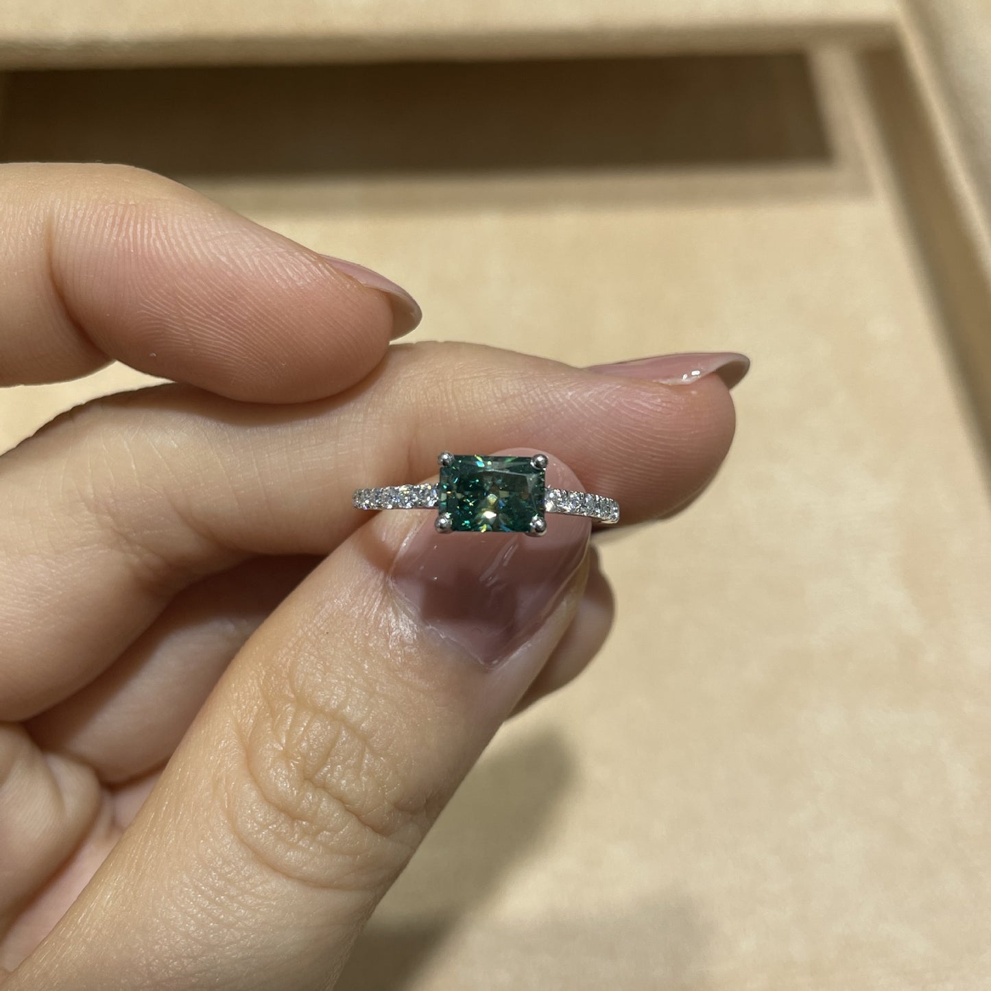 S925 Green Square Moissanite Ring for Women, Four-Prong Solitaire Promise Ring product image