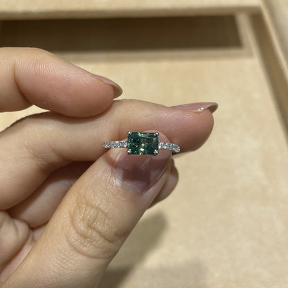 S925 Green Square Moissanite Ring for Women, Four-Prong Solitaire Promise Ring