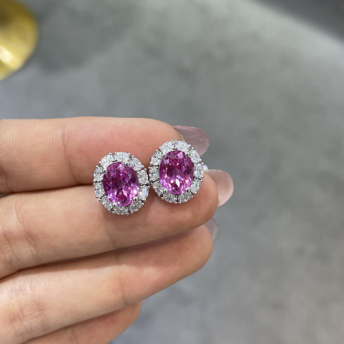 925 Silver Oval Pink Sapphire Halo Stud Earrings product image