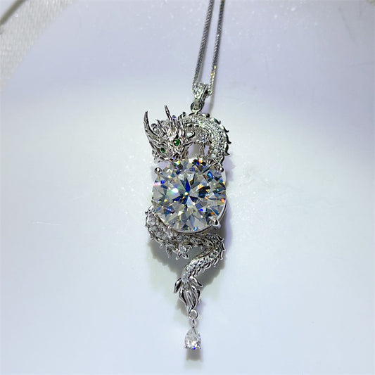 Dragon Moissanite Pendant Necklace 10 Carat Round Stone Silver Chain Statement Necklace