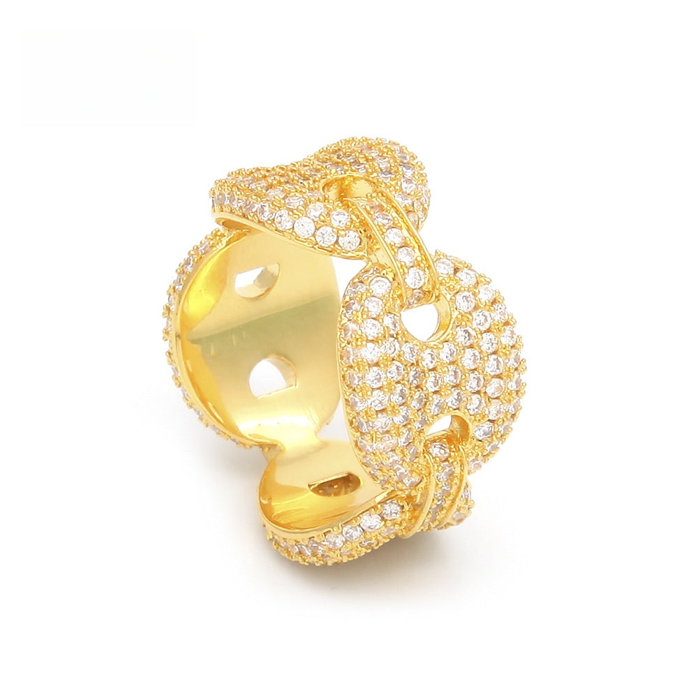 Unisex Iced Cuban Link Ring with Clear Cubic Zirconia – Gold Plated or Silver Plated Statement Chain Ring