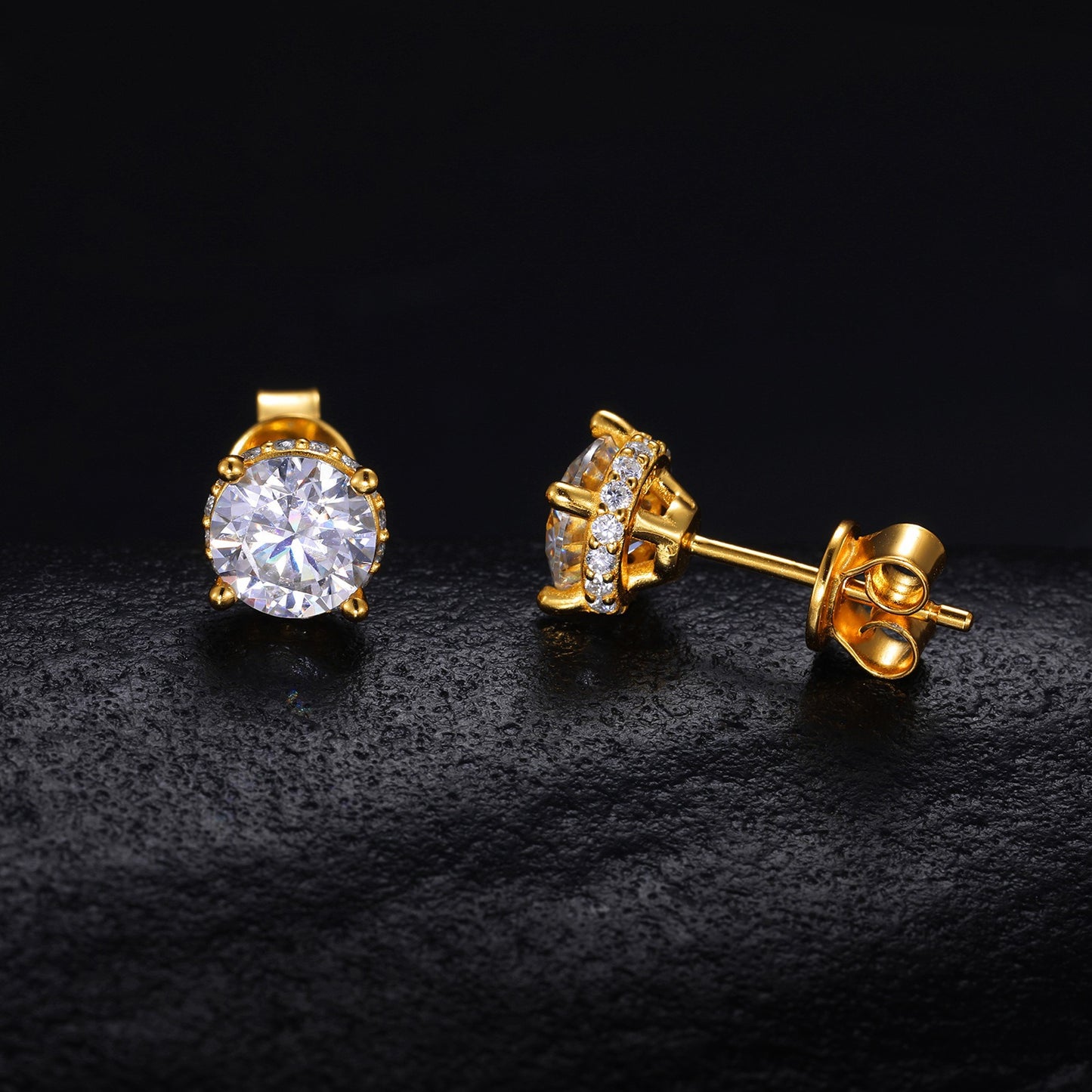 925 Silver D Color Moissanite Stud Earrings for Women and Men, Classic Four Prong Round Geometric Hip Hop Earrings in Gold Tone product image