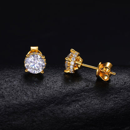 925 Silver D Color Moissanite Stud Earrings for Women and Men, Classic Four Prong Round Geometric Hip Hop Earrings in Gold Tone